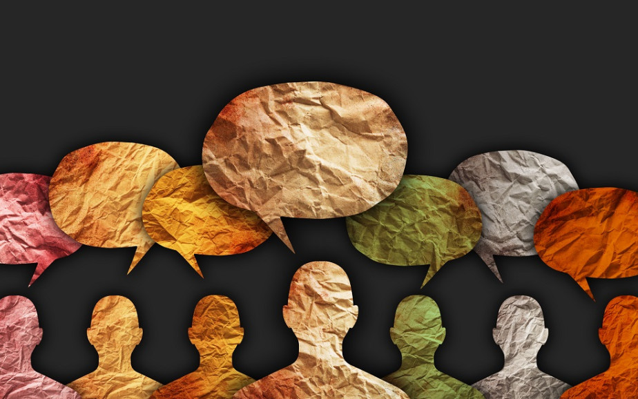 Cut outs of people with speech bubbles coming from their heads.